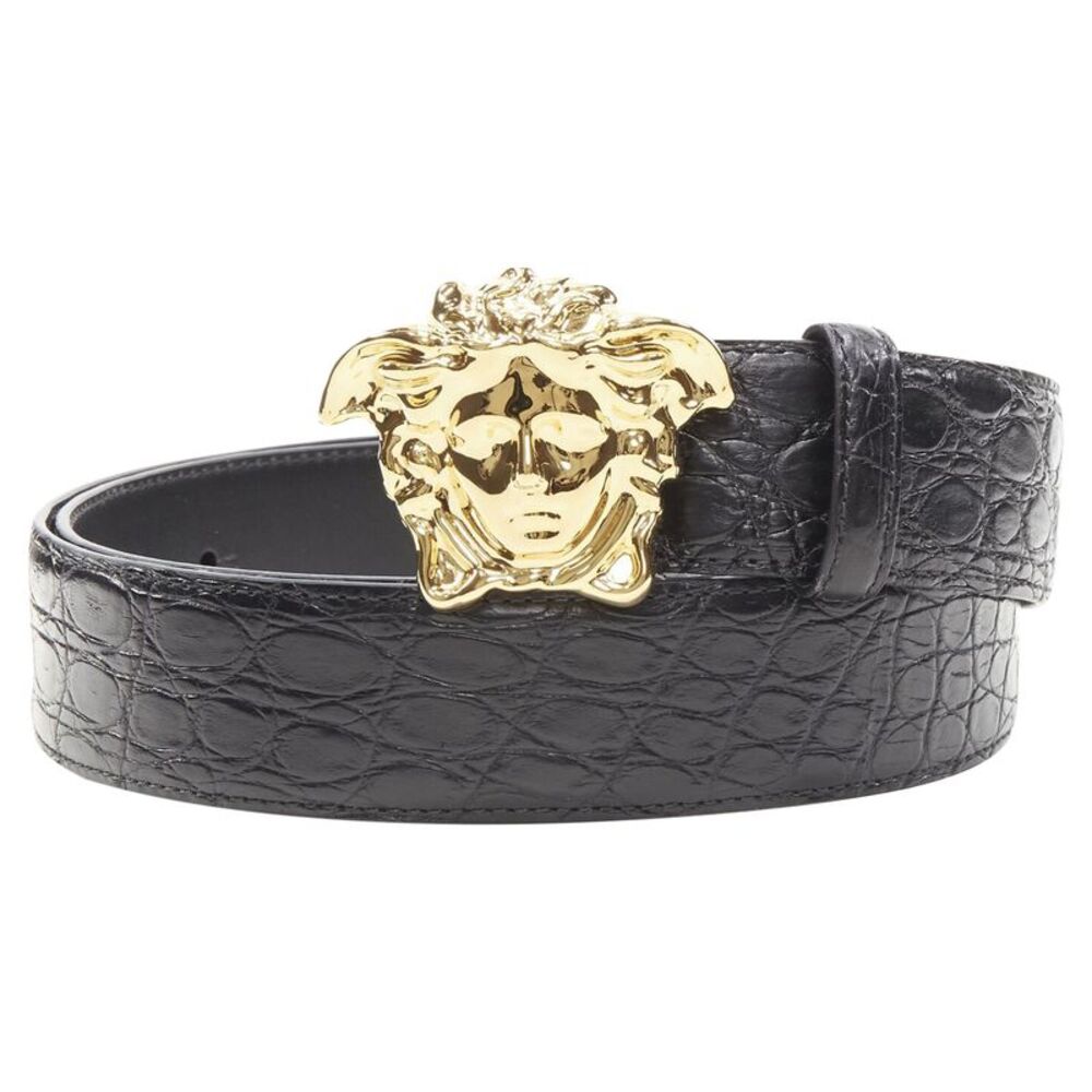 VERSACE $1200 La Medusa gold buckle black scaled leather belt 100cm 38-42"